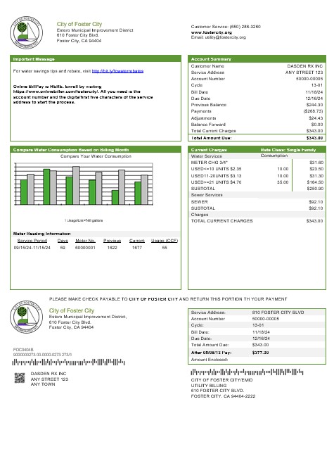 USA California City of Foster City business utility bill template in Word and PDF formats